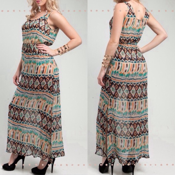 SML TEAL AZTEC SEMI SHEER MAXI DRESS M - Picture 1 of 4
