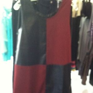 Black leather & burgundy color block dress
