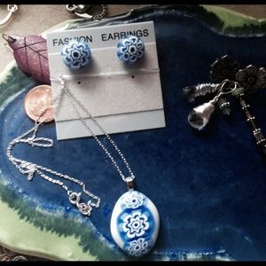 Classic Murrine Blue Flower set & 18" sterling NWT
