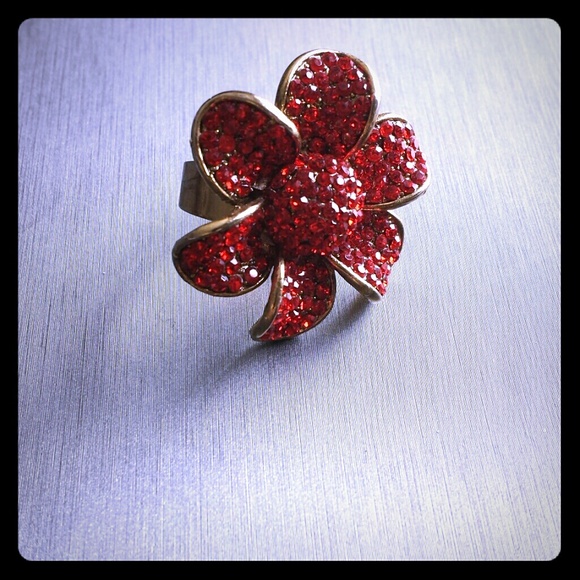 Jewelry - Adjustable Red Floral Ring with Rhinestones