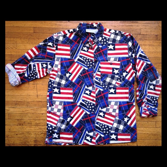 True vintage 90s grunge flag USA button up shirt l