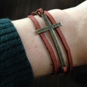 Handmade leather wrap bracelet with brass cross