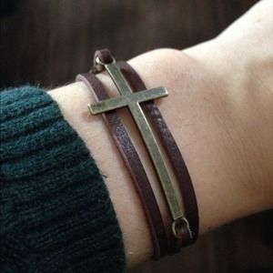 Handmade leather wrap bracelet brass cross