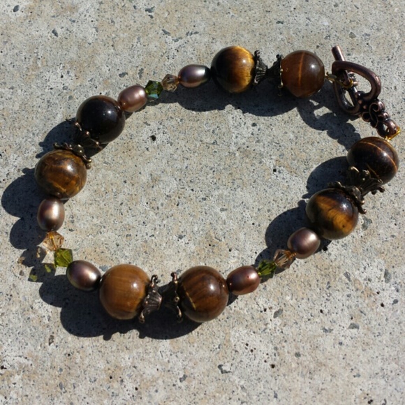 Vintage handmade Tiger Eye and Pearls set - Picture 2 of 4