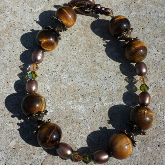 Vintage handmade Tiger Eye and Pearls set - Picture 3 of 4