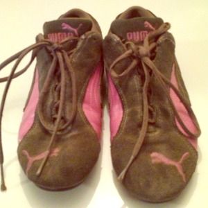 Pink and army green Puma sneakers