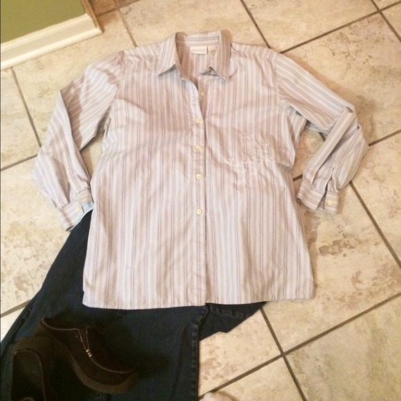 Blue, khaki and brown striped cotton blend shirt - Picture 1 of 4