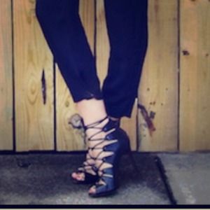 SCHUTZ Black Leather Slate Lace Up Heels sz 7 NWT