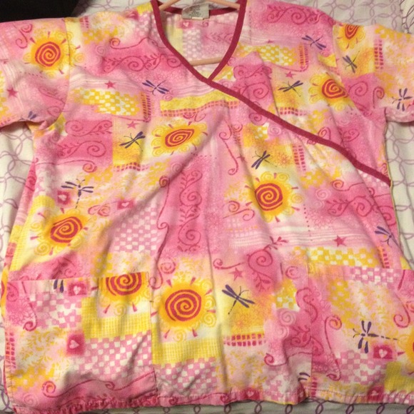 Pink and yellow scrub top