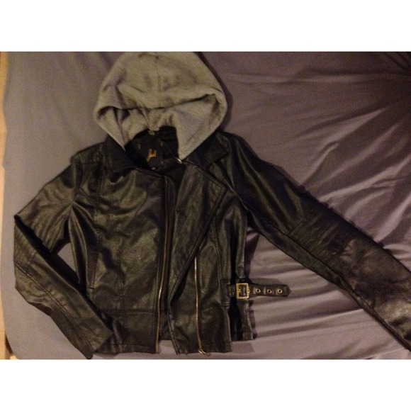 Leather biker jacket with detachable gray hood