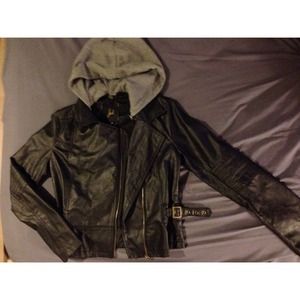 Leather biker jacket with detachable gray hood