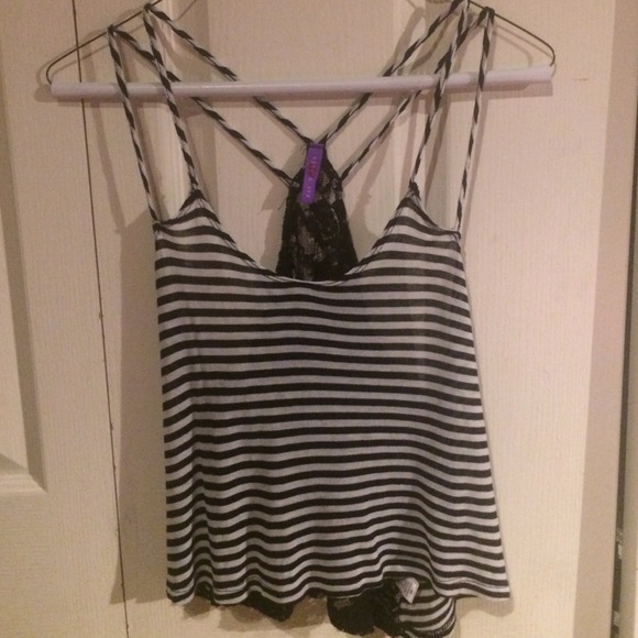 Striped black and white lace back tank