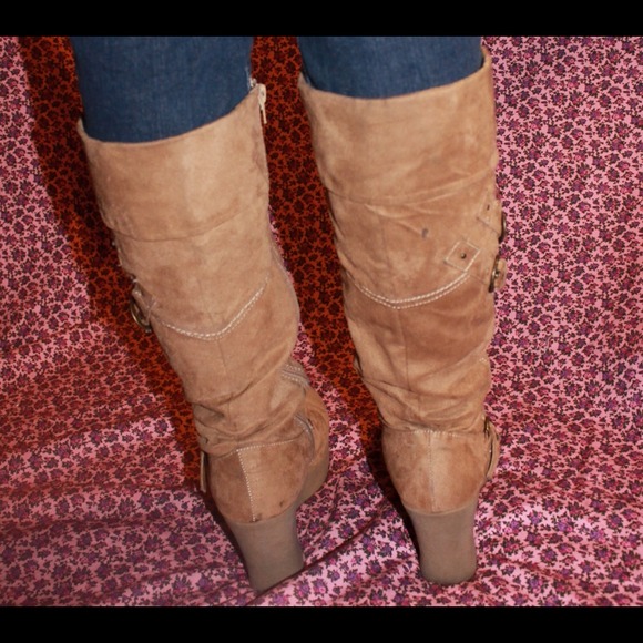 Camel tan faux suede knee wedge buckle cuff boot - Picture 3 of 4