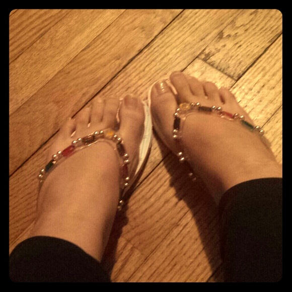 White flip flops with colored gems/beads