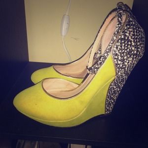 Neon greens wedges, strap around the ankles