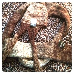 Brown tan and white winter hat and scarf set