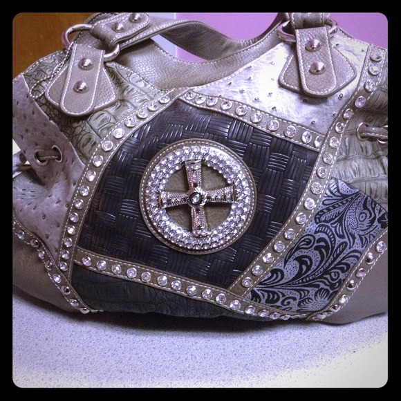Gray rhinestone cross patchwork bag