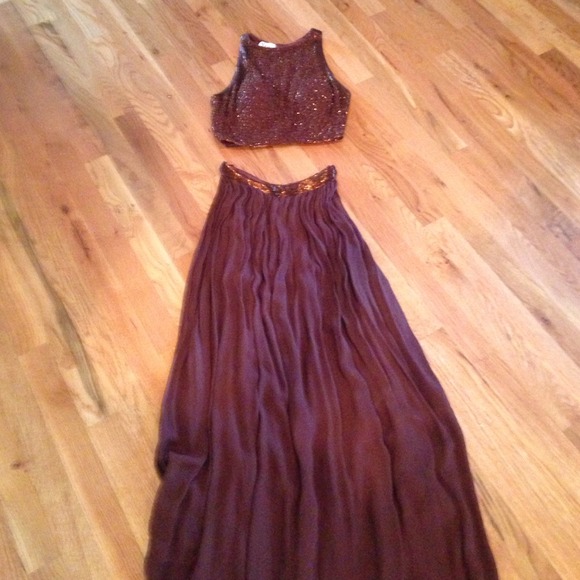 Two piece brown beaded too evening gown