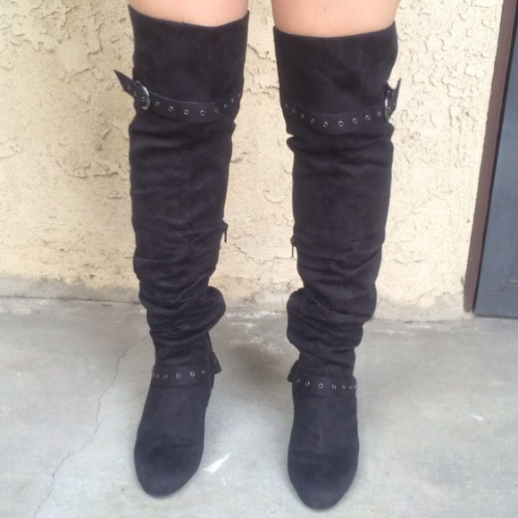Black suede like wedge over the knee boots