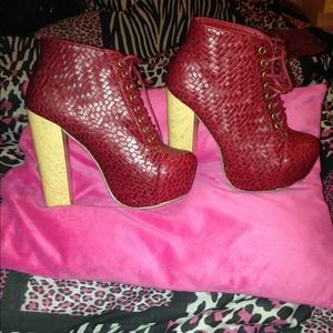Red woven platform booties