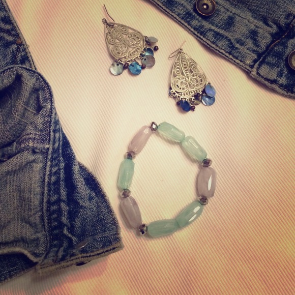 Earrings and bracelet, blue, silver and green.