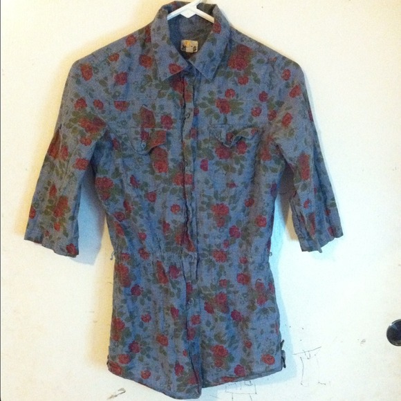Denim inspired rose printed top