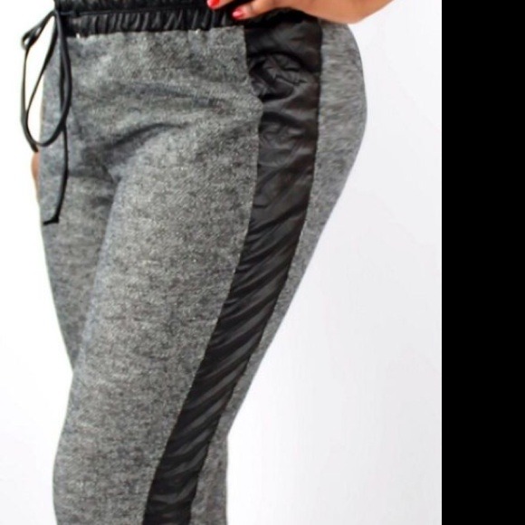 Grey  terry joggers w/ faux leather side