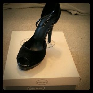 Peep toe ankle buckle black velvet heels