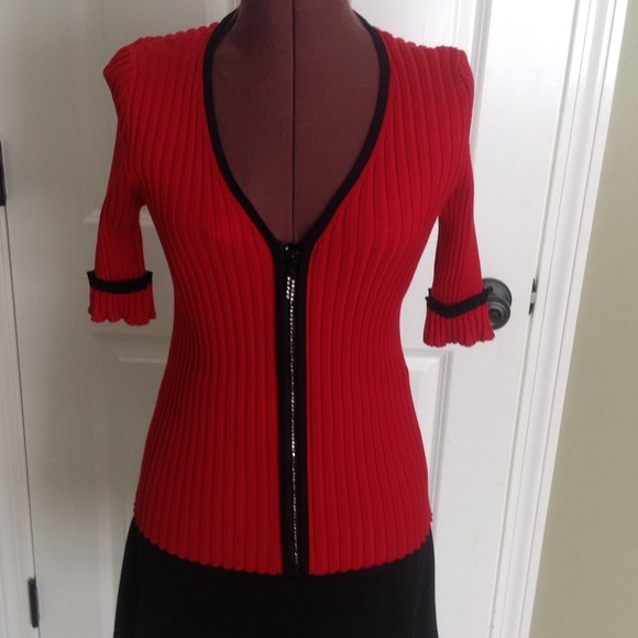 SOLD Red zip up Sweater with bedazzled zipper.