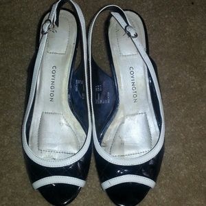 Black/White Kitten-heel Slingbacks with Peep-toe