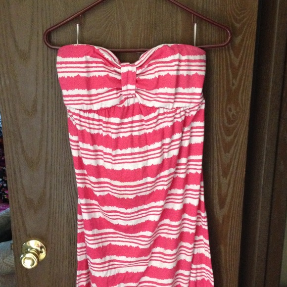 Long pink and white dress. Strapless.