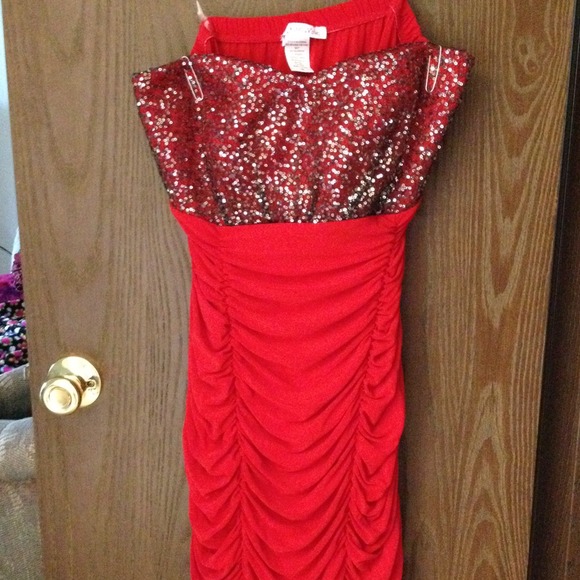 Strapless red dress.