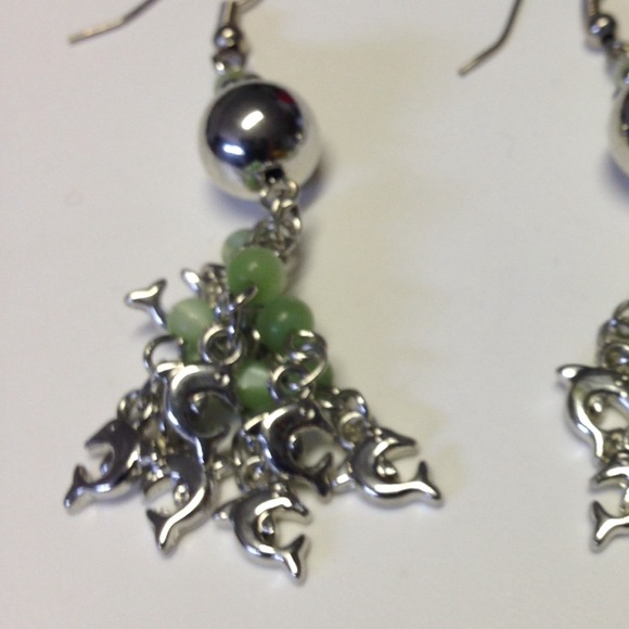 Dangling dolphin earrings - green stones  [$3.00] - Picture 2 of 2