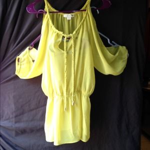 Chartreuse open shoulder 3/4 length sleeve blouse