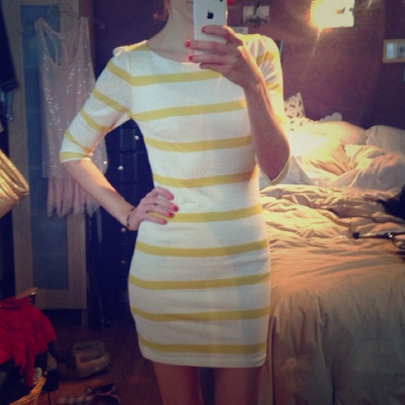 Forever 21 Dresses & Skirts - Ivory and Mustard Striped Lace Pattern Dress