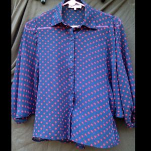 Cape Sleeve Navy Blue & Red Polka Dot Button up