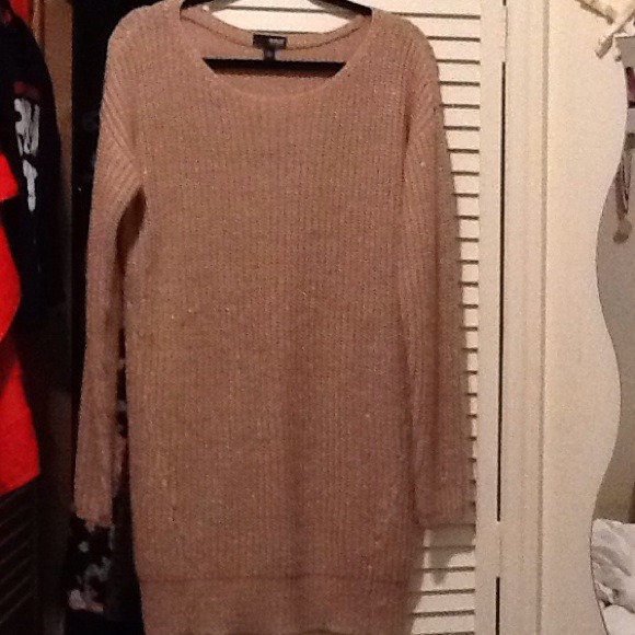 Long sleeved champagne colored sweater dress.