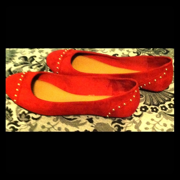 Red suede gold studded flats
