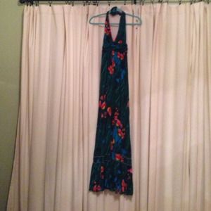 T Bags Multi Floral Tropical Halter Maxi Dress