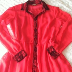 Cremieux Orange-red black lace button down dress.