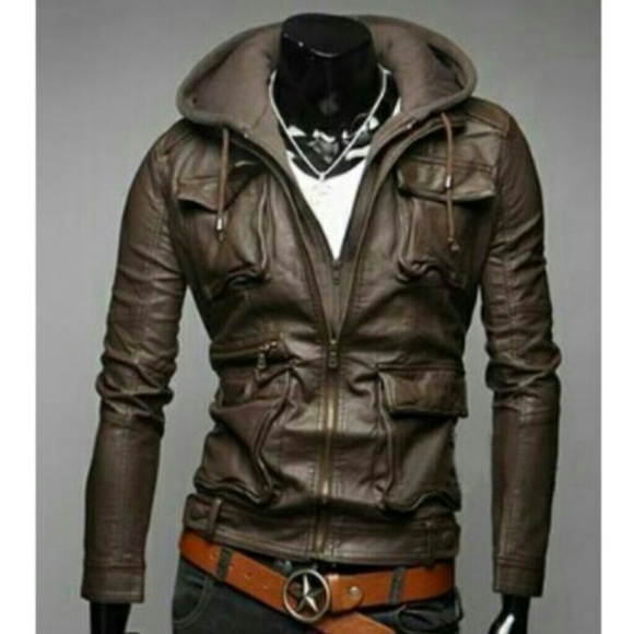 Brown leather jacket with detachable hood - Picture 1 of 1