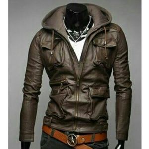 Brown leather jacket with detachable hood