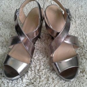 Metallic leather wedge sandals