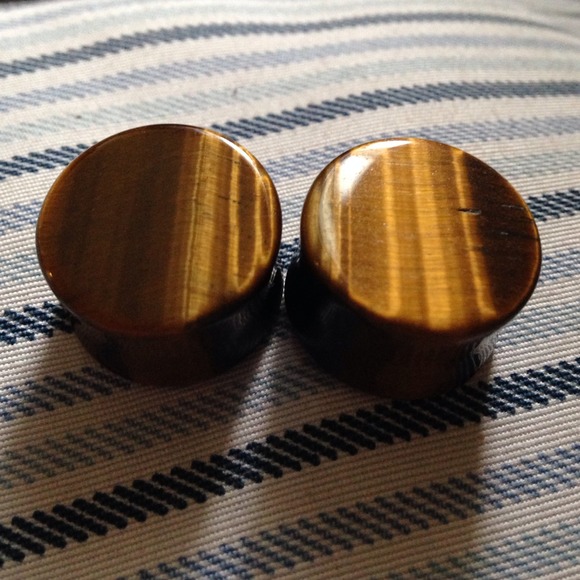 3/4" yellow tiger eye stone plugs. Beautiful.