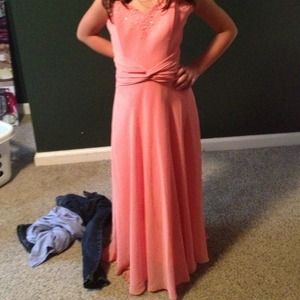 Beautiful coral strapless hi low dress with corset