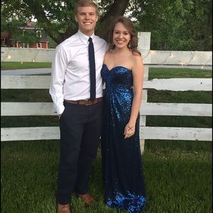 Navy sequin Le Femme prom dress