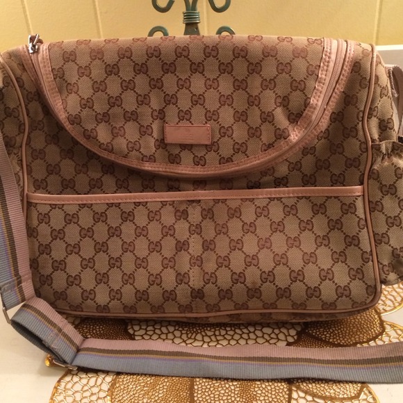 Brown, pink, cream and blue diaper / messenger bag