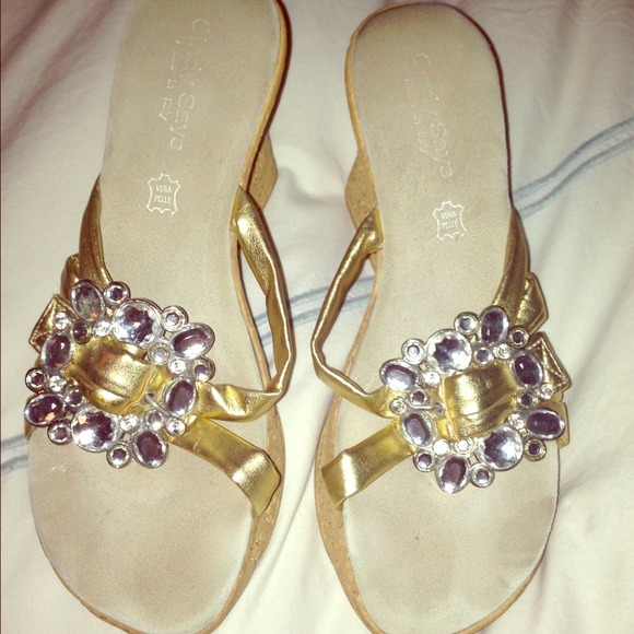 Gold and rhinestone cork wedges