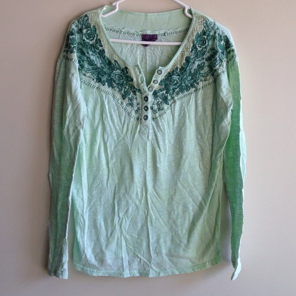 Free People Embroidered Green Shirt