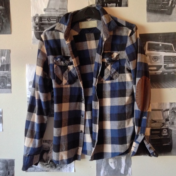 blue flannel with shoulder pads